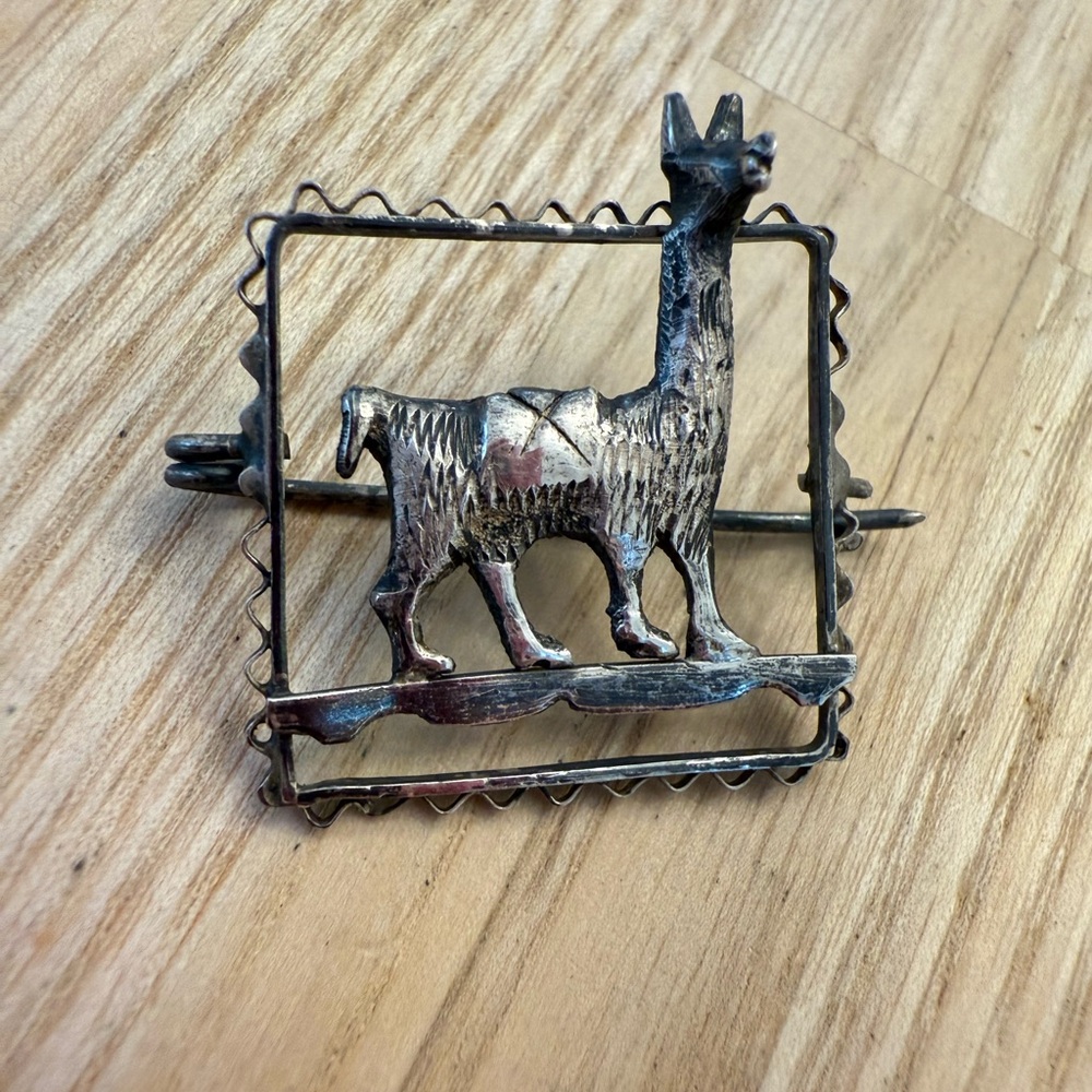 Vintage sterling silver llama square pin brooch